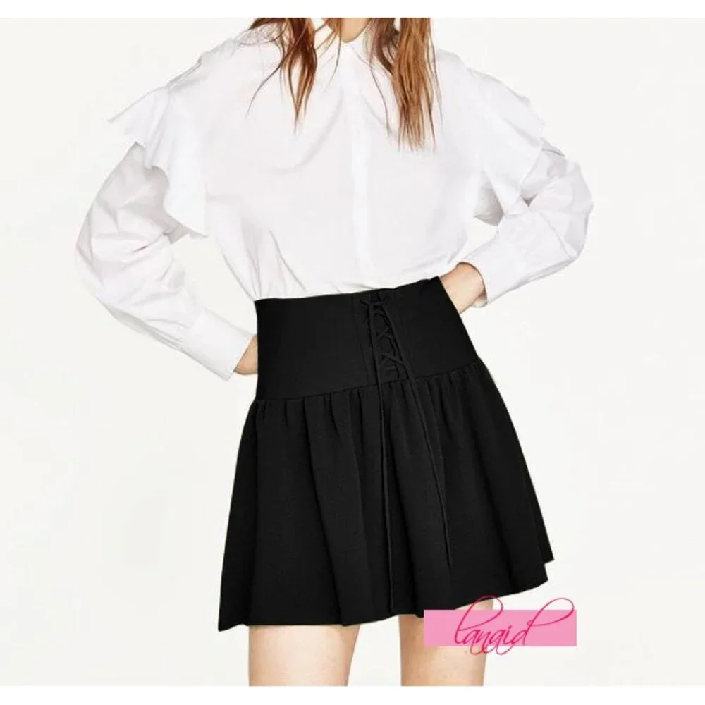 Zara Knit Lace-Up Skirt High-Waist Waisted A-Line Skater Corset Edgy Circle Mini